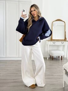Easowa Women's Patchwork Striped Drop Shoulder Long Sleeve Casual Hooded Sweatshirt - Navy Blue - View 6
