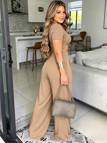 SHEIN Tall Fashionable Women's Slim Fit Minimalist Light Coffee Color 2 Pieces Set - Apricot - View 2