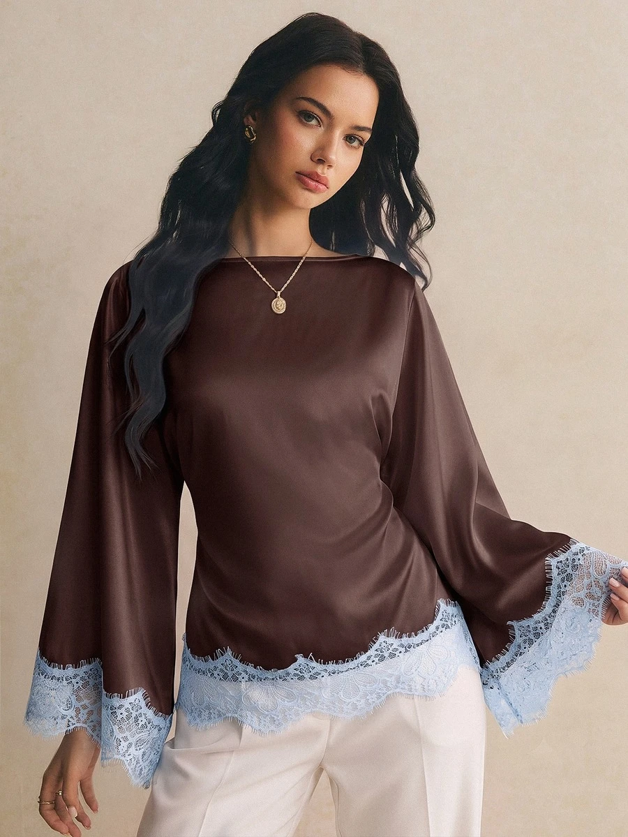 Poéselle Women's Boat Neck Bell Sleeve Lace Trim Top - Brown - View 1