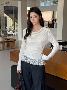 K-Vae Korean Style Lazy Halterneck Draped Pleated Long Sleeve Cover-Up & Lace Spaghetti Strap Strap Pure Desire Top 2 Pieces Set - Apricot - View 1