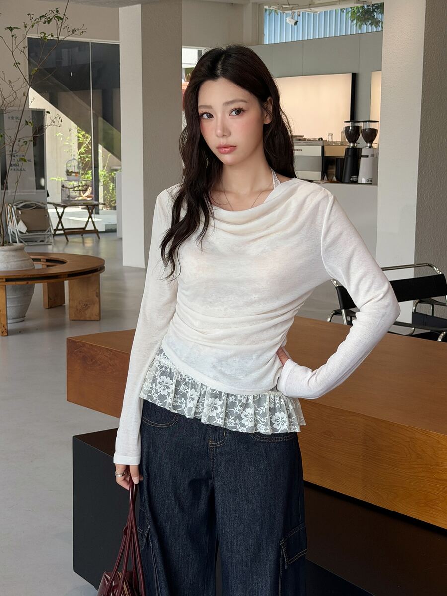 K-Vae Korean Style Lazy Halterneck Draped Pleated Long Sleeve Cover-Up & Lace Spaghetti Strap Strap Pure Desire Top 2 Pieces Set - Apricot - View 1