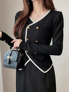 FRIFUL Women's Early Summer/Autumn New Korean Style Color Block Ribbed Slimming Long Sleeve T-Shirt - Black - View 4