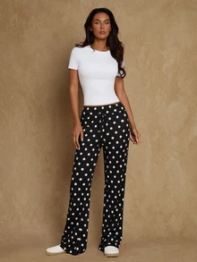 Glamine Women's Autumn Low Waist Elastic Drawstring Tie Waist Draped Ribbed Polka Dot Print Casual Sports Flare Pants - Black - View 1