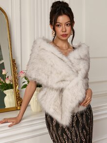 EastFlair Women's Plush Texture Shawl Style Elegant Sleeveless Jacket - White - View 3