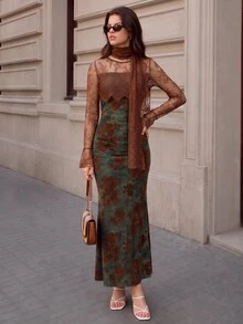 Selenza Women's Brown Floral Lace Patchwork Backless Mermaid Dress, Long Sleeve Ruffle Hem Floor Length Evening Gown, Elegant Party Dress For Autumn/Winter - Multicolor - View 7