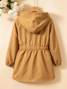 Girls' Casual Fashion Woven Solid Color Long Sleeve Hooded Open Front Single-Breasted Jacket With Decorative Pockets And All-Over Ditsy Floral Lining, Korean Style Versatile - Brown - View 2