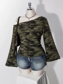 SHEIN ICON 大尺碼女款秋冬不對稱肩長袖迷彩印花T恤 - 彩色 - 查看 8