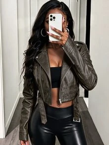BamGleam 女款復古皮革短夾克，大翻領、拉鍊與腰帶設計 - 墨綠色 - 查看 6