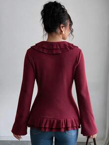 Elenzga Christmas Party Ruffle TieFront Fuzzy Knit Long Sleeve Slim Goingout Top - Burgundy - View 2