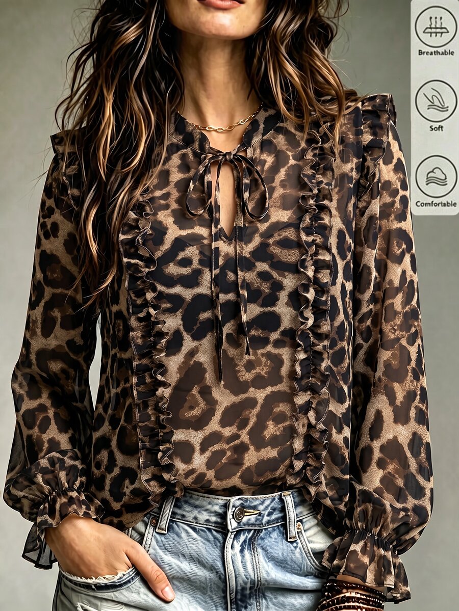 SHEIN Women's Fashion Leopard Print Ruffle Edge Tie Loose Ruffle Long Sleeve Early Autumn Vintage Blouse, Suitable For Daily Commute, Party, Date Wear - Brown - View 1