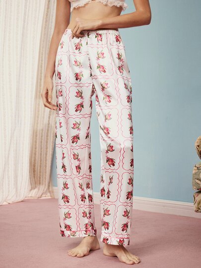 Elorette Oil Painting Style Romantic Vintage Elegant Home Daily Comfortable Satin Pastoral Long Pants Pajama Bottoms Loungewear For Women
