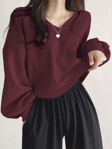 DAZY Women's Solid Color V-Neck Fashion Casual Long Sleeve T-Shirt - Red - View 5