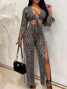 INAWLY Women's Leopard Print Deep V-Neck Front Tie Slit Long Sleeve Cropped Top And Slit Long Pants Sexy Two Pieces Set - Brown - View 4
