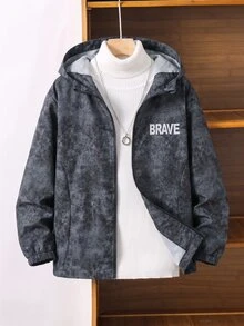 SHEIN 兒童男童休閒字母圖案印花連帽外套，輕量寬鬆版型拉鍊連帽夾克，開學季秋季校園穿搭黑色外套 - 彩色 - 查看 4
