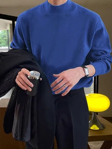 Marcello Vane 男士舒適簡約純色長袖針織衫，適合日常穿著 - 水鴨藍 - 查看 3