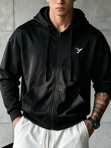 Gym Rark Men's Geometric Print Zip-Up Hooded Sports Jacket With Pockets - Black - View 4