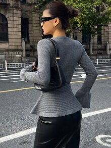 Livesso Women's Solid Color Long Sleeve Rhinestone Button Elegant Knit Cardigan - Grey - View 2