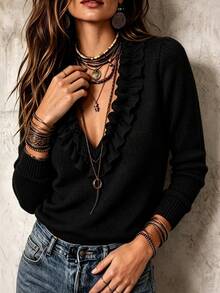 LUMIGAL Women's Solid Color Patchwork Ruffle V-Neck Long Sleeve Sweater - Black - View 4