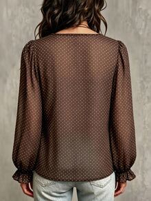 SHEIN Sheer Polka Dot Chiffon Print Square Neck Ruffle Long Sleeve French Elegant Autumn Women's Blouse - Coffee Brown - View 2
