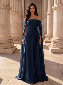 Coutiva Women's Cold Shoulder Pleated Elegant Formal Graduation Evening Gown Opening Ceremony, Birthday Party, Wedding, Prom Navy Blue Fall - Navy Blue - View 5