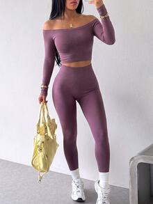 Dewbera Dewbera Set Legging Olahraga Yoga Tanpa Jahitan Model Bahu Terbuka Lengan Panjang Pendek - Purple - View 5