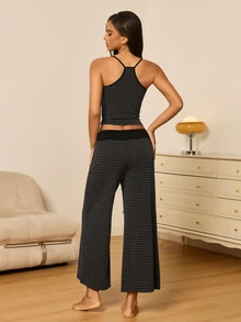 Betty Boop x SHEIN Women's Striped Letter Cartoon Pattern Camisole Top And Long Pants Casual Daily Home Sleepwear Set - Black - View 2
