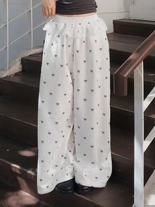 DAZY Women's Bow Print Contrast Lace Trim Drawstring Elastic Waist Loose Wide Leg Casual Vacation Korean Style Spring Autumn Long Sweatpants - White - View 1