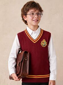 PrepCrw HARRY POTTER X SHEIN 兒童青少年男孩V領撞色學院風刺繡針織背心，秋冬萬聖節針織上衣，2026秋冬款 - 酒紅色 - 查看 1