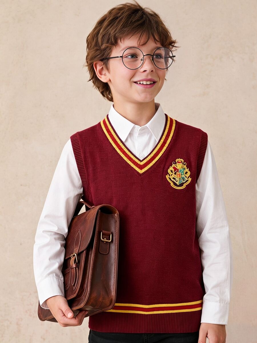 PrepCrw HARRY POTTER X SHEIN 兒童青少年男孩V領撞色學院風刺繡針織背心,秋冬萬聖節針織上衣,2026秋冬款 - 酒紅色 - 查看 1