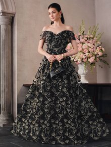 Anewsta Affair Women's V-Neck Cold Shoulder Backless Tie-Up Dress With Handmade 3D Floral Decor And Shiny Mesh Patchwork Evening Party Dress - Black - View 7