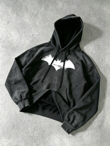 BATMAN X SHEIN 男士蝙蝠圖案休閒百搭日常穿著連帽運動衛衣 - 黑色 - 查看 5