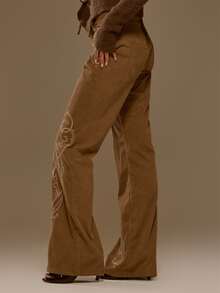 MUSERA Embroidered Corduroy Low Rise Fitted Flare Bootcut Trouser Autumn Winter Fall Western Night Cowgirl Cute - Khaki - View 2