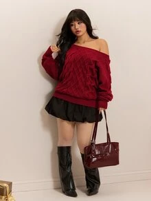 CovetEZ 秋冬聖誕紅色扭結鉤針編織休閒百搭大尺碼毛衣 - 紅色 - 查看 7