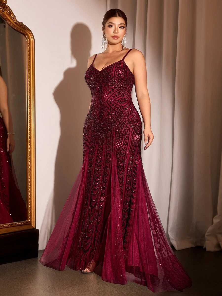 Cravure Đầm dạ tiệc size lớn đính sequin đuôi nàng tiên cá dây vai mảnh cho tiệc tùng - Màu Đỏ Sâu - Xem 1