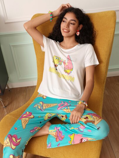 SpongeBob SquarePants | SHEIN Damski komplet piżamowy Chillnights, wygodna odzież domowa z kreskówkowym nadrukiem, dla młodych, energiczny, zabawny i uroczy, z krótkim rękawem i długimi spodniami
