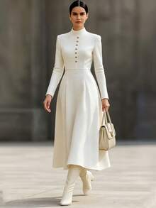 SHEIN Raffinéa Autumn/Winter Elegant Solid Color Textured Metal Button Decor Small Stand Collar Long Sleeve A-Line Long Dress For Women, Commute And Holiday Wear - White - View 6