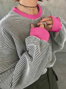 FRIFUL 女款條紋圓領落肩長袖休閒寬鬆版型T恤 - 玫紅色 - 查看 1