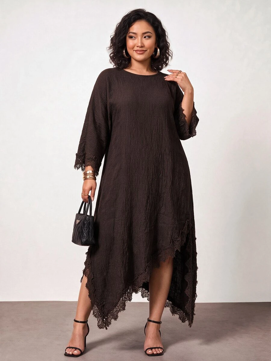 Truni Plus-Size Women's Round Neck Asymmetrical Hem Lace-Trimmed Brown Long Dress Apple,Rounded Body - Brown - View 1