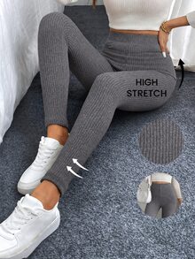 SHEIN LUNE 女款抓絨內裡羅紋休閒高腰內搭褲 - 深灰色 - 查看 1