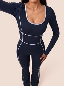 SHEIN BAE Women's Piped Long Sleeve Daily Fitness Sports Jumpsuit - Navy Blue - View 3