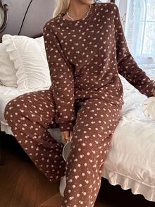 CottageSlumber Vintage Brown Ditsy Floral Home Set, Comfortable Soft Plush Round Neck Long Sleeve Pants 2 Pieces Set - Brown - View 1