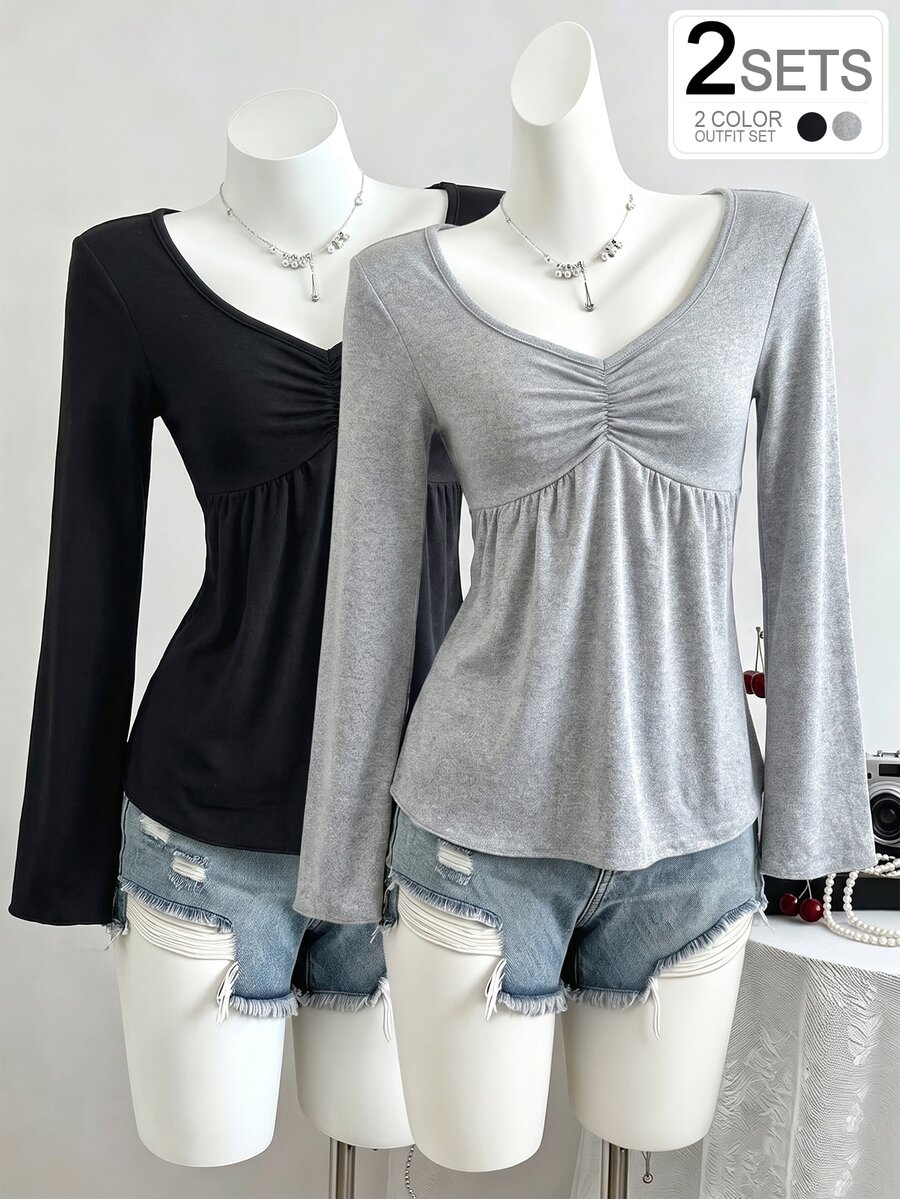 Set 2 áo kiểu mùa thu cho bé gái tween: áo tay loe trơn và áo babydoll nhún trước cho mùa đông - màu đen - Xem 1