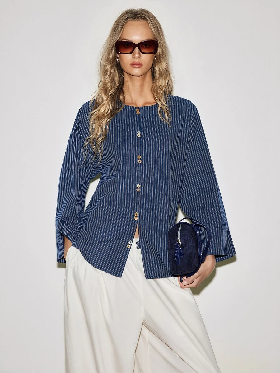ATUI Studio Women 100% Cotton Blue And White Stripe Collarless Long Sleeve Shirt French Vintage Minimalist Modest Chic Vertical Fall Loose Slimming Drop Shoulder - Navy Blue - View 1