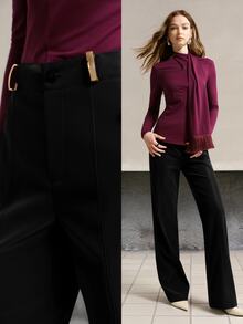 MOTF PREMIUM Celana Panjang Wanita Model Lurus dengan Dekorasi Logam dan Bahan PU, Musim Gugur/Musim Dingin - Hitam - View 9