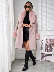 SHEIN Clasi 女款雙排扣繫帶毛絨飾邊優雅長版大衣，秋冬款 - 粉色 - 查看 4