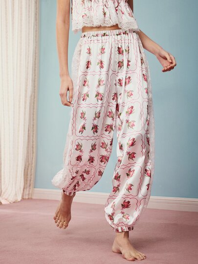 Elorette Pink Satin Kawaii Cute Coquette Babydoll Lolita All-Over Floral Print Lace Patchwork Romantic Pastoral Women's Pajama Bottoms