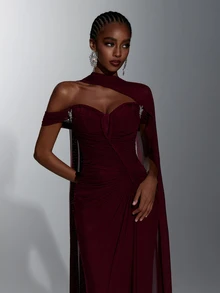 Elitara Elegant Romantic Luxury Elastic Knit Cold Shoulder Off-Shoulder Fabric Ruched Sheer Inner Boning Luxury Rhinestone Embellished Abdominal Ruched Bodycon Long Dress With Detachable Train, Suitable For Holiday Celebration Wedding Ball Concert Business Guest Banquet Internet Celebrity Events Women's Heavy Work Evening Gown - Burgundy - View 4