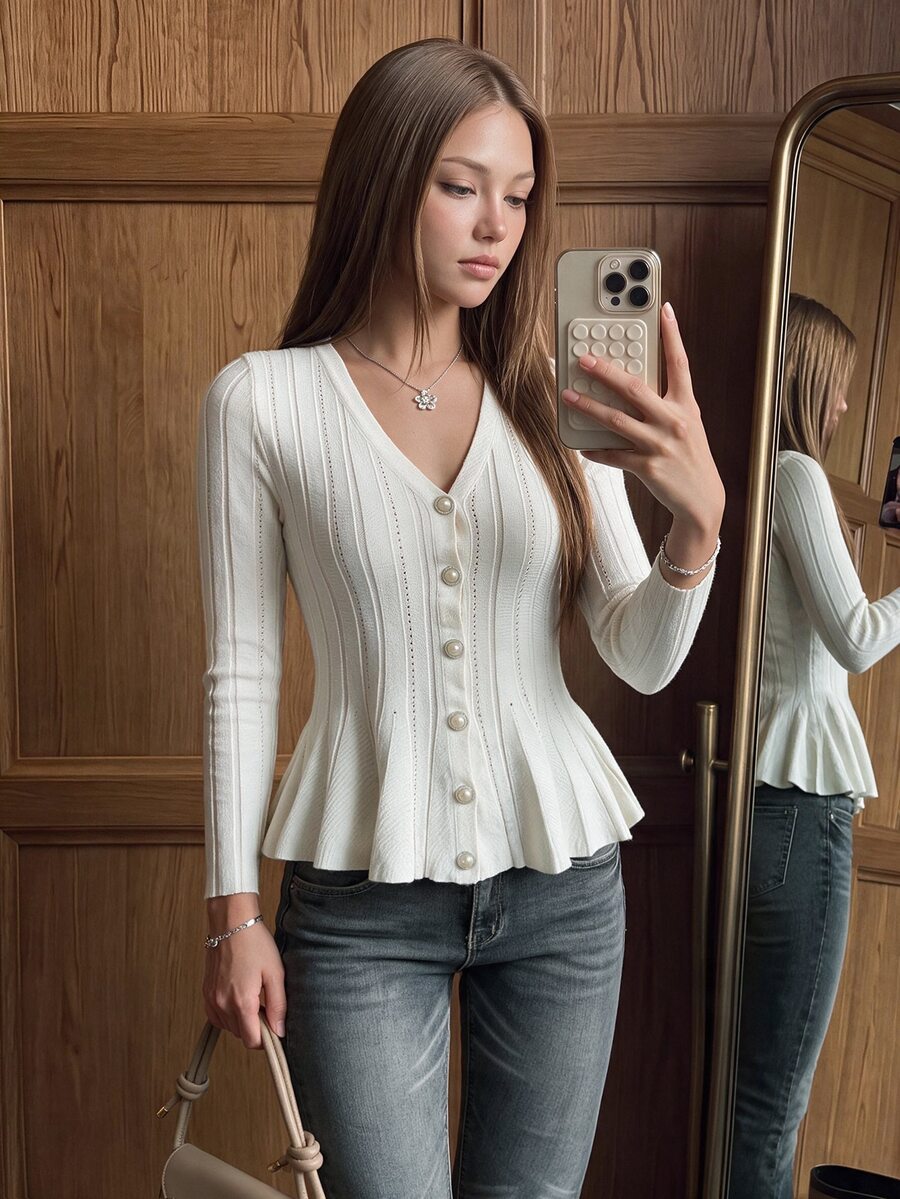 Sweetina كارديجان صوف بقصة ضيقة وخصر مكشكش وحافة مكشكشة وأكمام طويلة - أبيض - مشاهدة 1