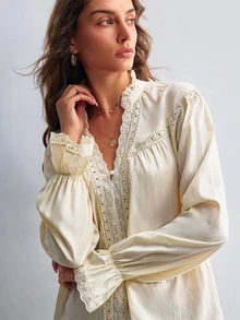 Willow Rêve Women's Contrast Lace V-Neck Long Sleeve Casual Blouse - Cream - View 5