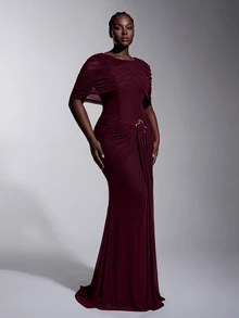 Elitara Plus Size Elegant Luxurious Off-Shoulder Elastic Knit Mesh Ruched Mermaid Skirt, Suitable For Wedding, Event, Bachelorette Party, Vacation, Ball, Evening Dress - Burgundy - View 1